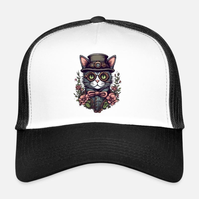 Steampunk Katze - Trucker Cap - Weiß/Schwarz