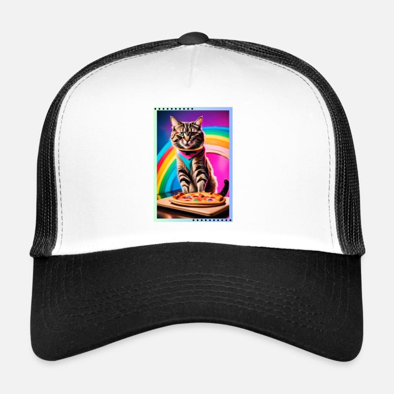 Regenbogenkatze mit Pizza - Trucker Cap - Weiß/Schwarz