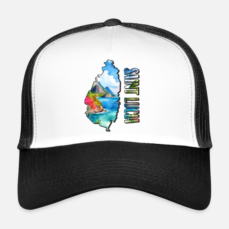 Carte à l’aquarelle de Sainte-Lucie - Casquette trucker - blanc/noir