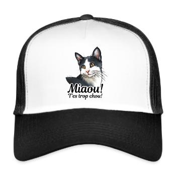 chat noir et blanc Miaou (texte noir) - Casquette trucker  - blanc/noir - Devant