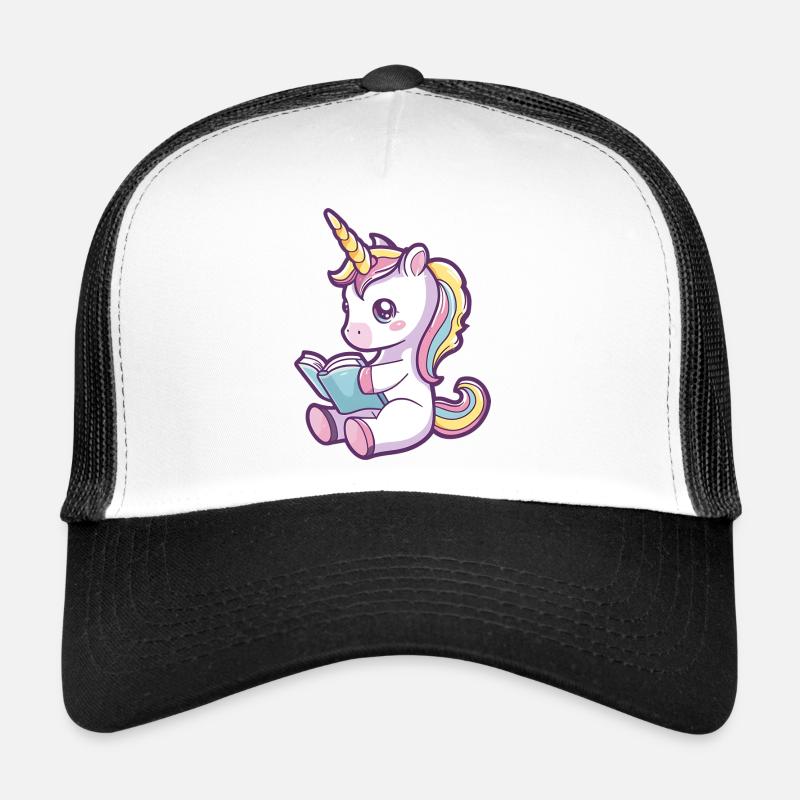Niedliches Einhorn Cartoon liest ein Buch - Trucker Cap - Weiß/Schwarz