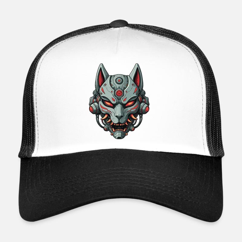 Kitsune Cyberpunk Mask Mecha Robot Warrior - Trucker Cap - white/black