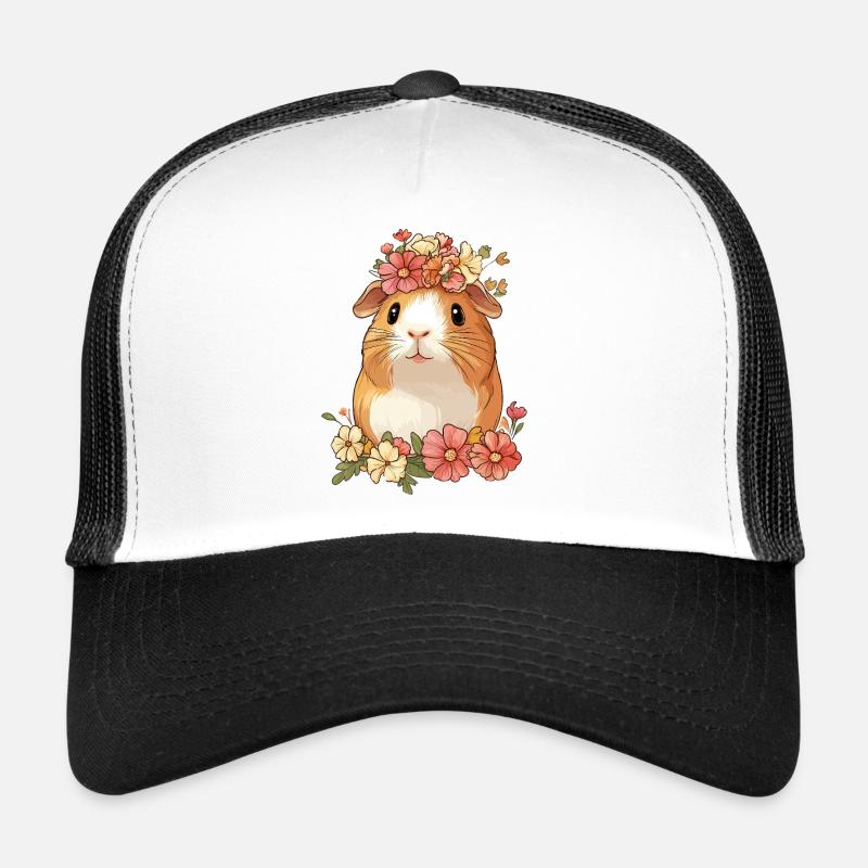 Cochon d’Inde avec des fleurs - Casquette trucker - blanc/noir