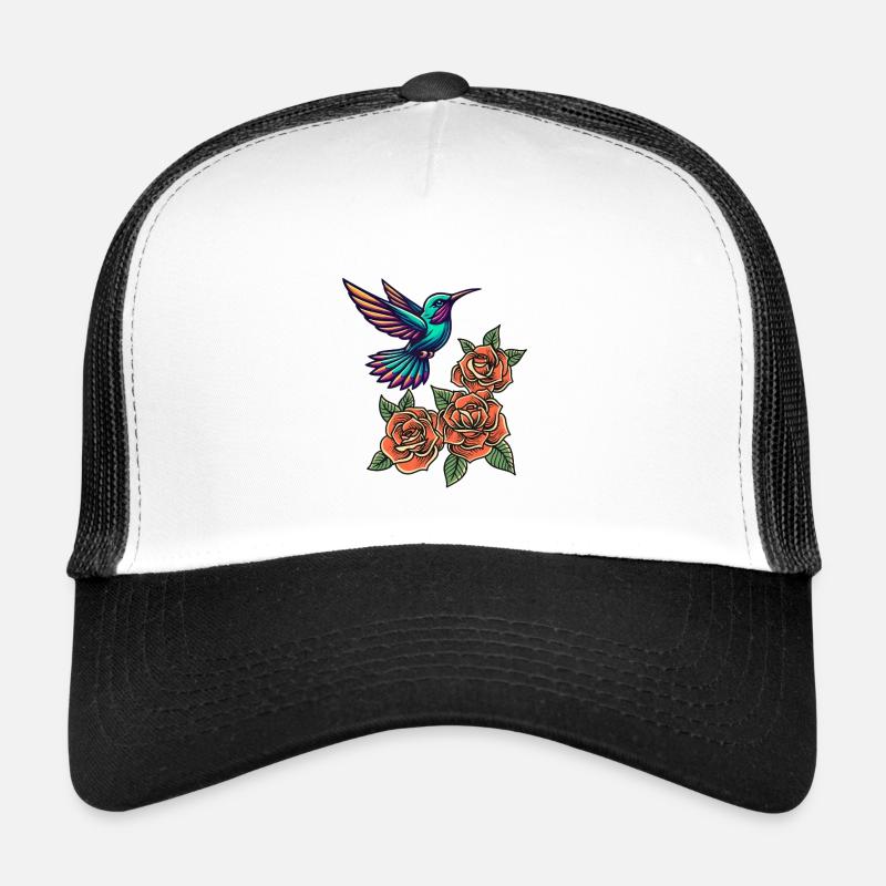 Hummingbird and Roses - Trucker Cap - white/black