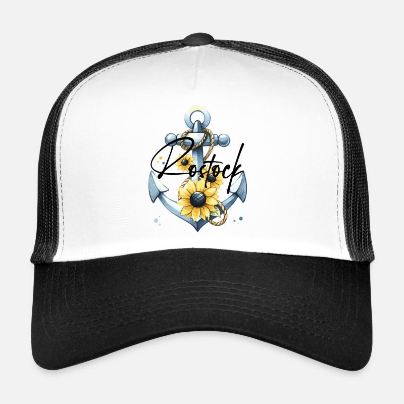 Meeresanker mit Sonnenblumenmotiven - Trucker Cap - Weiß/Schwarz