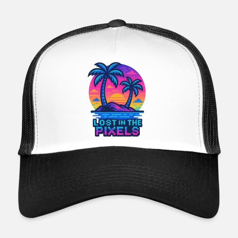 Conception pixellisée de coucher de soleil tropical - Casquette trucker  - blanc/noir