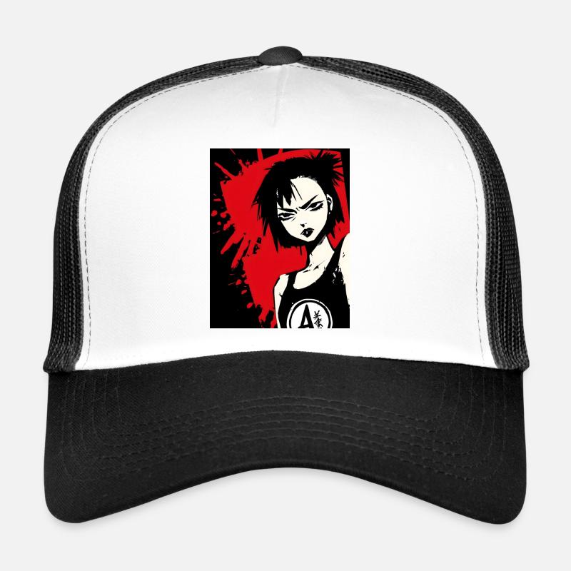 Comic Heldin Punk im Rot-Schwarz Kontrast Trucker Cap