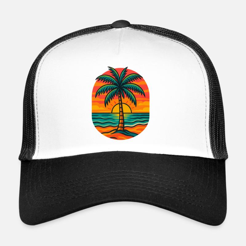 Sunset palm tree on the beach - Trucker Cap - white/black