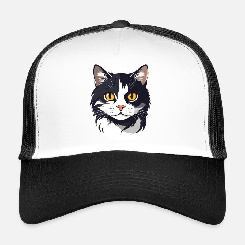 Graphique tête de chat noire et blanche, yeux dorés mignons de chat Casquette trucker 