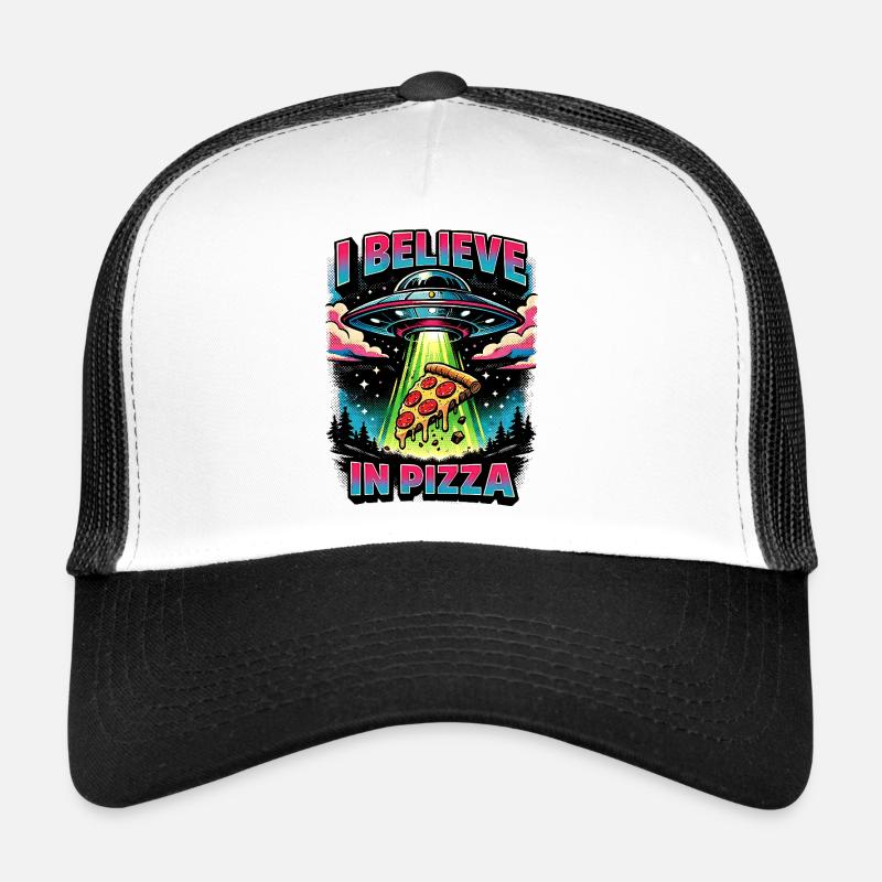 I Believe In Pizza Funny UFO Abduction Comic Trucker Cap