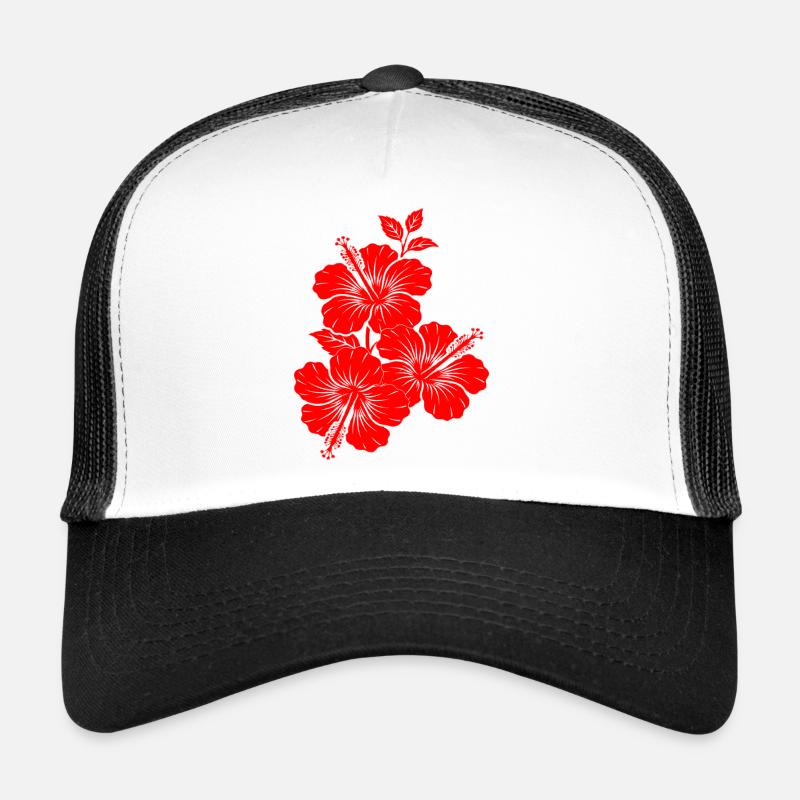 Red Hibiscus Triple Flower Silhouette Trucker Cap
