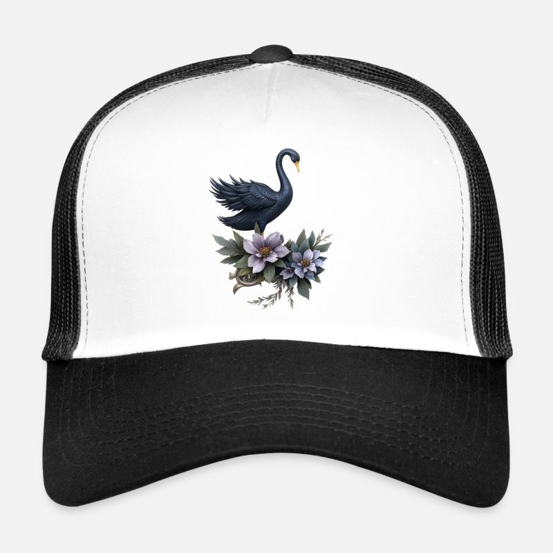 Schwarzer Schwan mit Fliederblüten Trucker Cap
