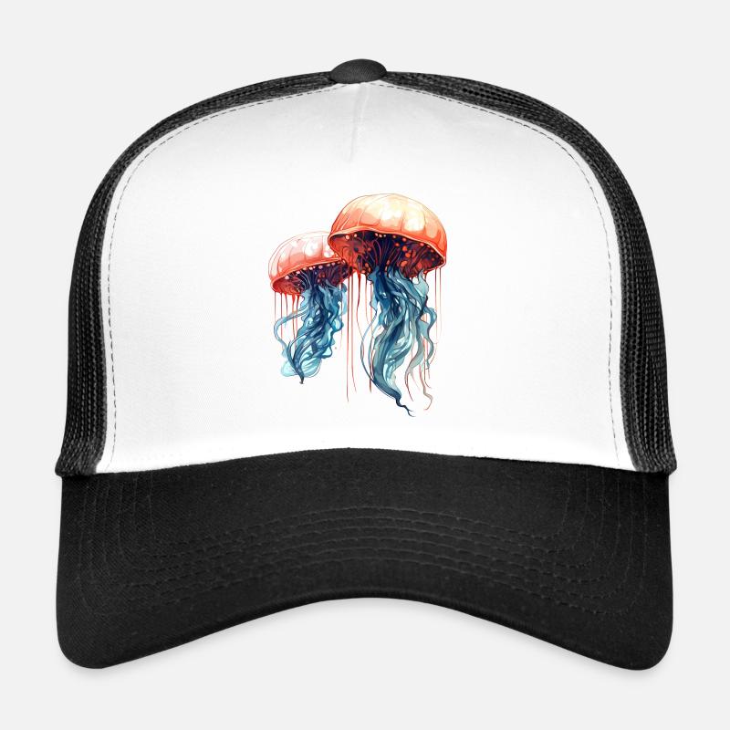 Rosa Blaues Aquarell Quallen Artwork - Trucker Cap - Weiß/Schwarz
