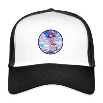 Chibi Skateboard Anime Fille Vaporwave Géométrique - Casquette trucker  - blanc/noir - Devant