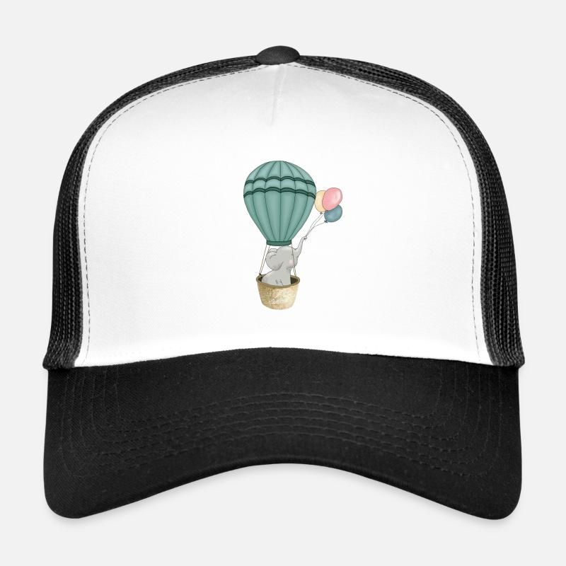 Cute comic elephant in a hot air balloon Trucker Cap