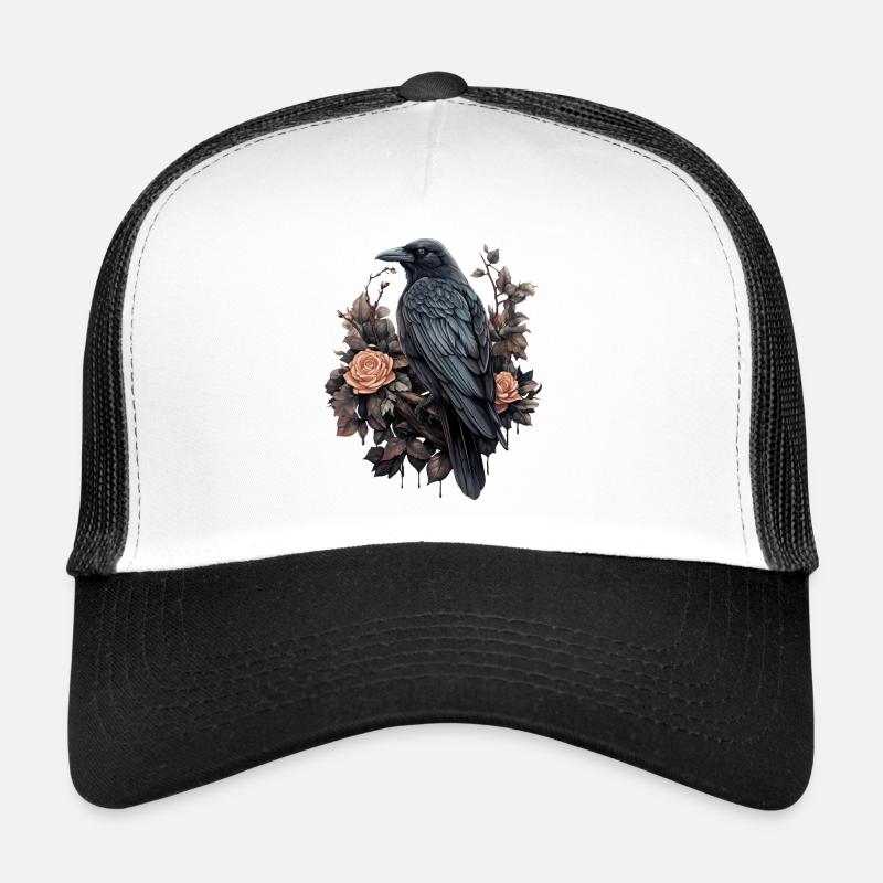 Gothic Raven Illustrations with Roses Trucker Cap