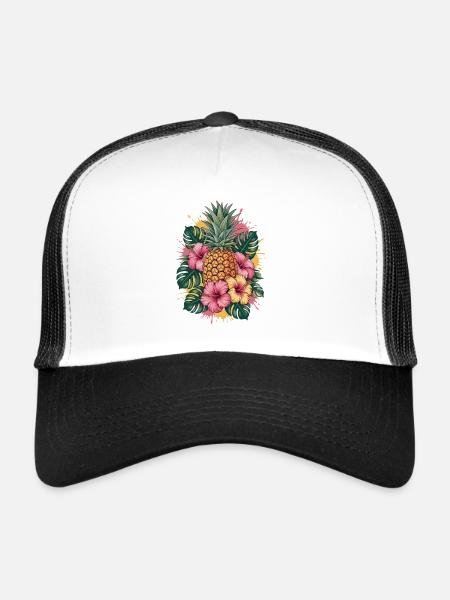 Tropical Pineapple Hibiscus Floral Graphic - Trucker Cap - white/black - Front