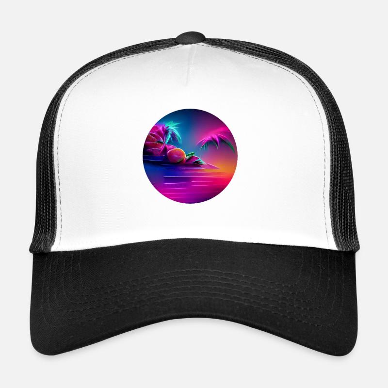 Synthwave illustration with palm trees silhouettes Trucker Cap