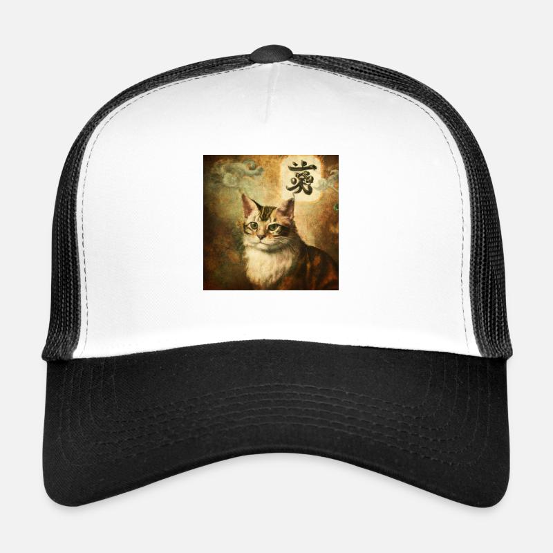 Chat avec caractères chinois, Baroque 2 - Casquette trucker  - blanc/noir