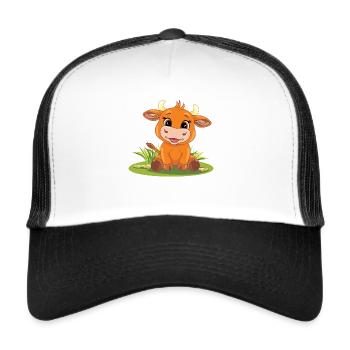 Lustige lächelnde Baby Stier auf dem Rasen - Trucker Cap - Weiß/Schwarz - Vorne