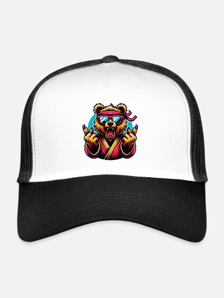 Cool Karate Bear With Sunglasses And Headband - Trucker Cap - white/black - Front