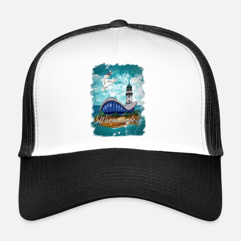 Warnemünder Teepot und Leuchtturm mit Möwe - Trucker Cap - Weiß/Schwarz