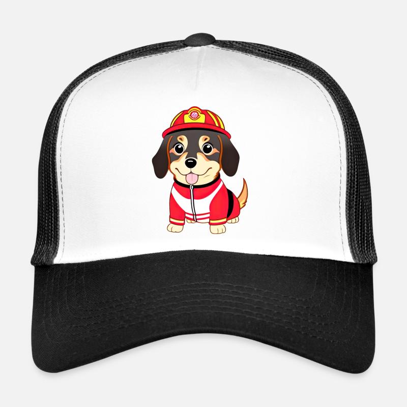 Puppy, dog as firefighter Trucker Cap