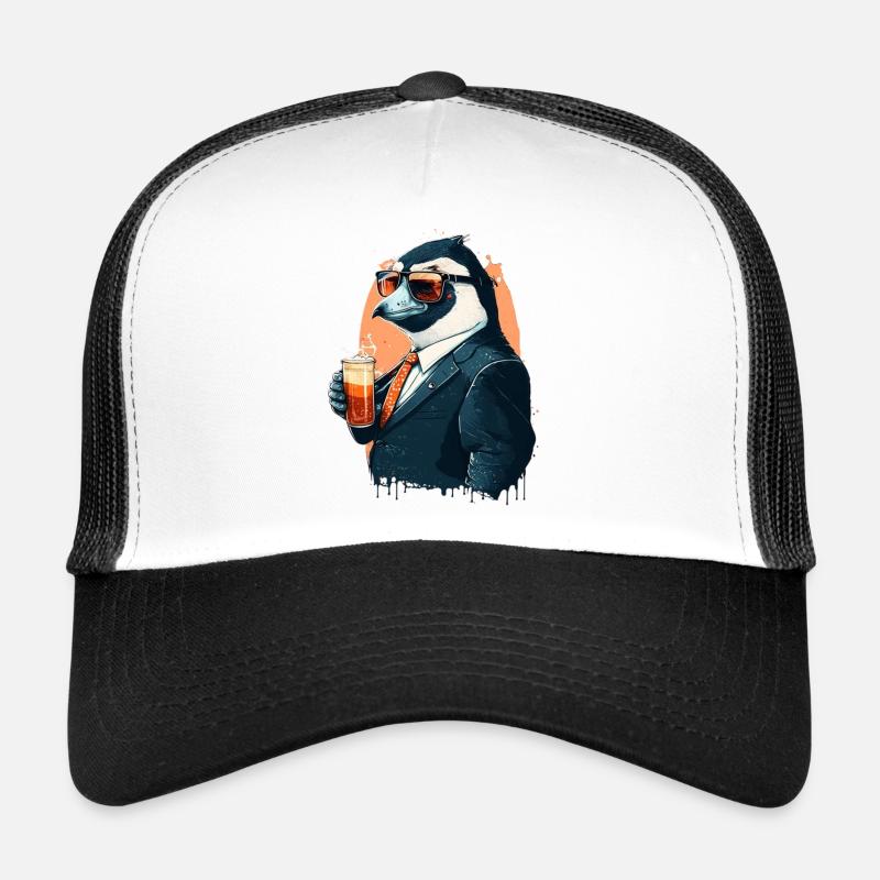 Pinguin gönnt sich ein Bier im Anzug Trucker Cap