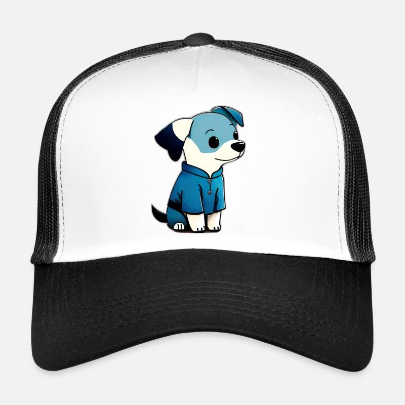 Netter kleiner Hund in blauer Jacke Trucker Cap