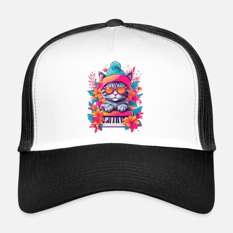 Chat mignon avec piano - Casquette trucker  - blanc/noir