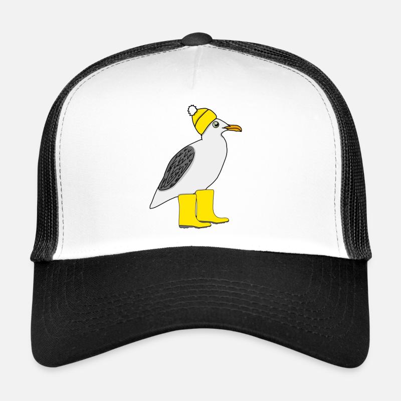 Seagull with rubber boots and hat Trucker Cap