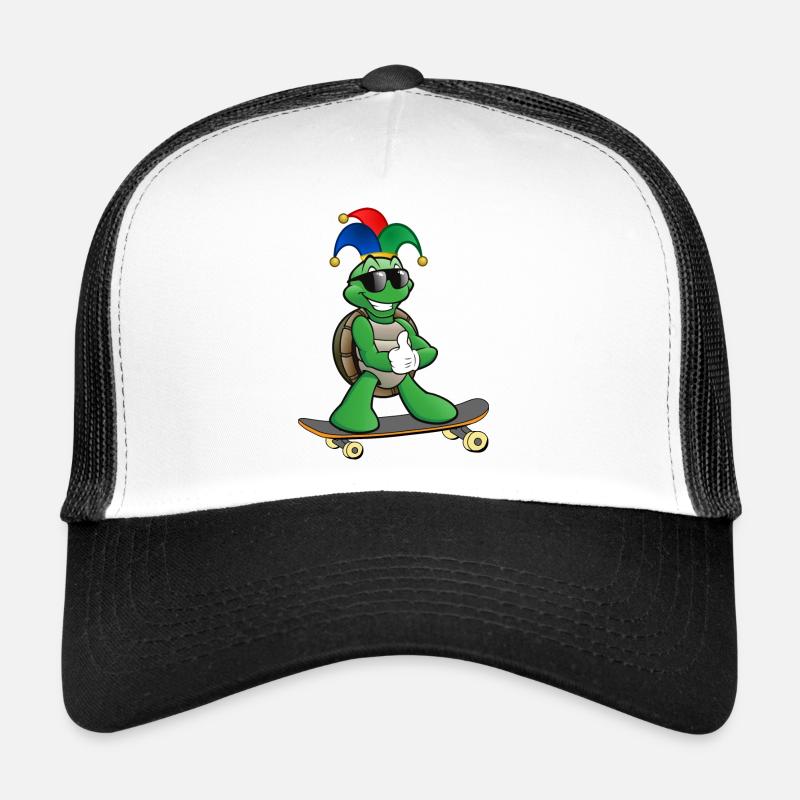 Schildkröte, Schildkröte auf Skateboard - Trucker Cap - Weiß/Schwarz