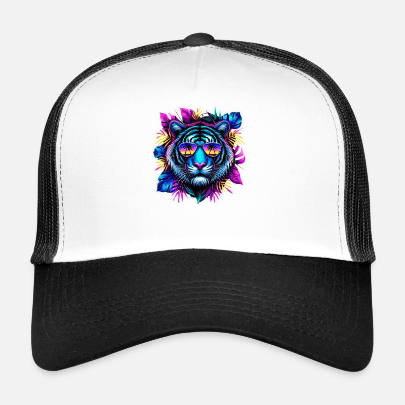 Neon tiger with sunglasses and tropical Trucker Cap
