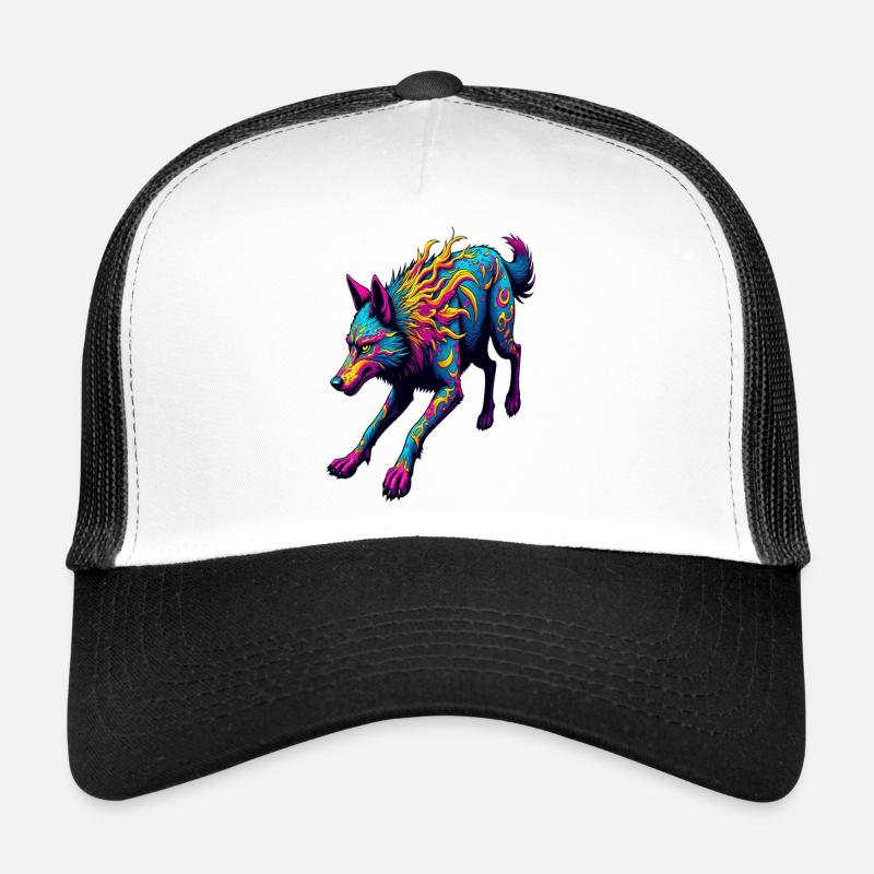 Psychedelic Running Wolf – Neon Fantasy Animal Art Trucker Cap