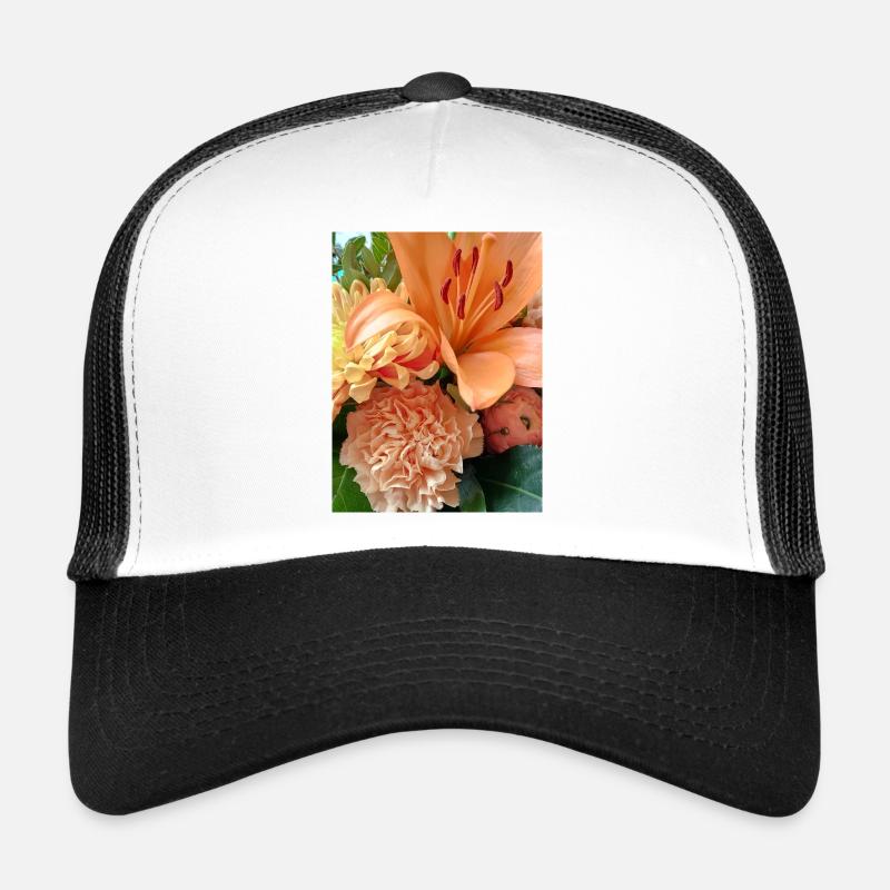 Warmes orangefarbenes Blumenmuster - Trucker Cap - Weiß/Schwarz