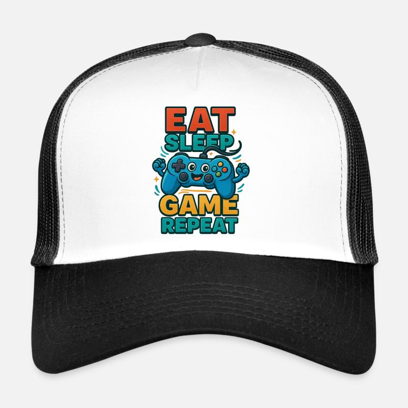 Eat Sleep Game Repeat – Funny Controller Trucker Cap