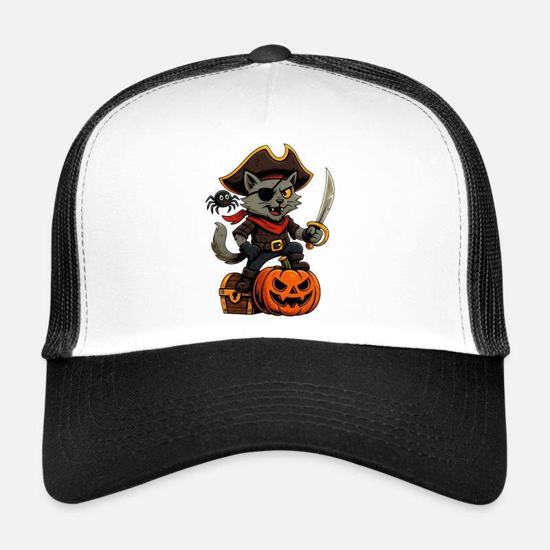 Piraten-Katze mit Kürbis, Schatztruhe und Spinne - Trucker Cap - Weiß/Schwarz