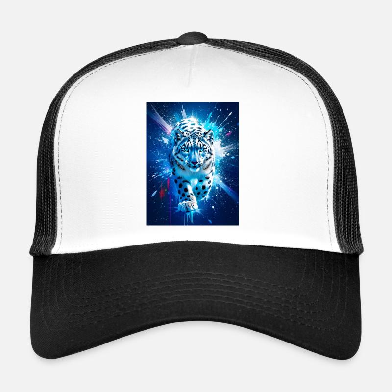 A snow leopard glows amid icy blue and silver star Trucker Cap