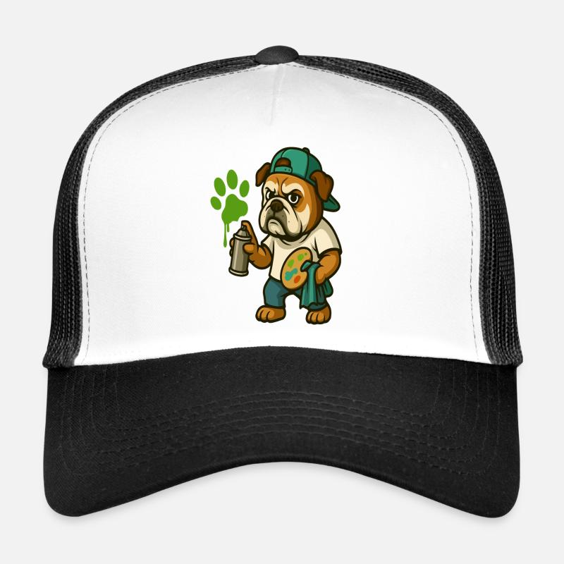 Graffiti-Bulldoggen-Maskottchen mit Sprühfarbe Trucker Cap