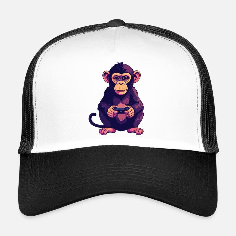 Monkey on controller playing console gaming Trucker Cap