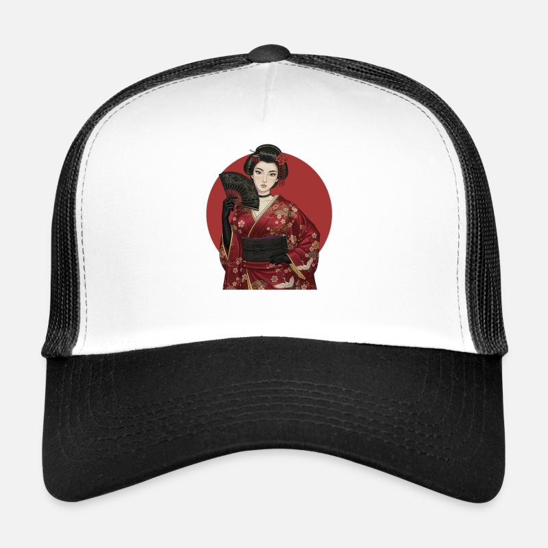 Geisha im roten Kimono mit Fächer Trucker Cap