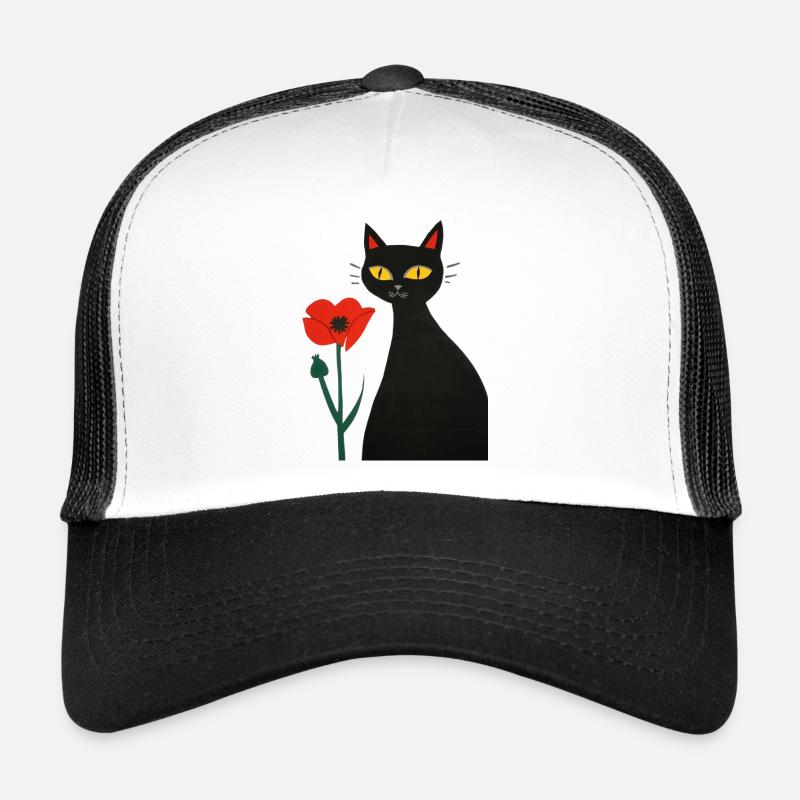Chat noir avec des coquelicots Casquette trucker 