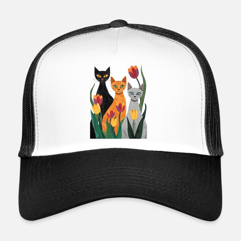Drei stilisierte Katzen: schwarz, grau, orange Trucker Cap