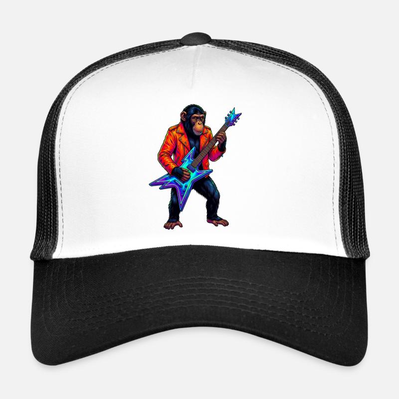 Schimpanse in Lederjacke und Neon E-Gitarre - Trucker Cap - Weiß/Schwarz