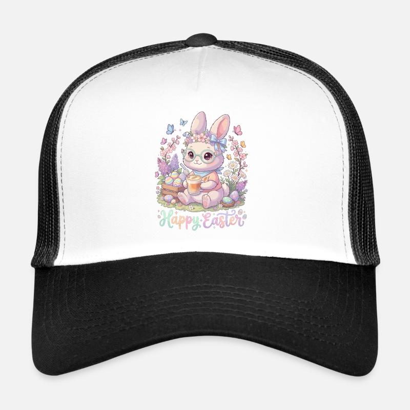 Pastel Bunny Easter Magic « Joyeuses Pâques » - Casquette trucker - blanc/noir