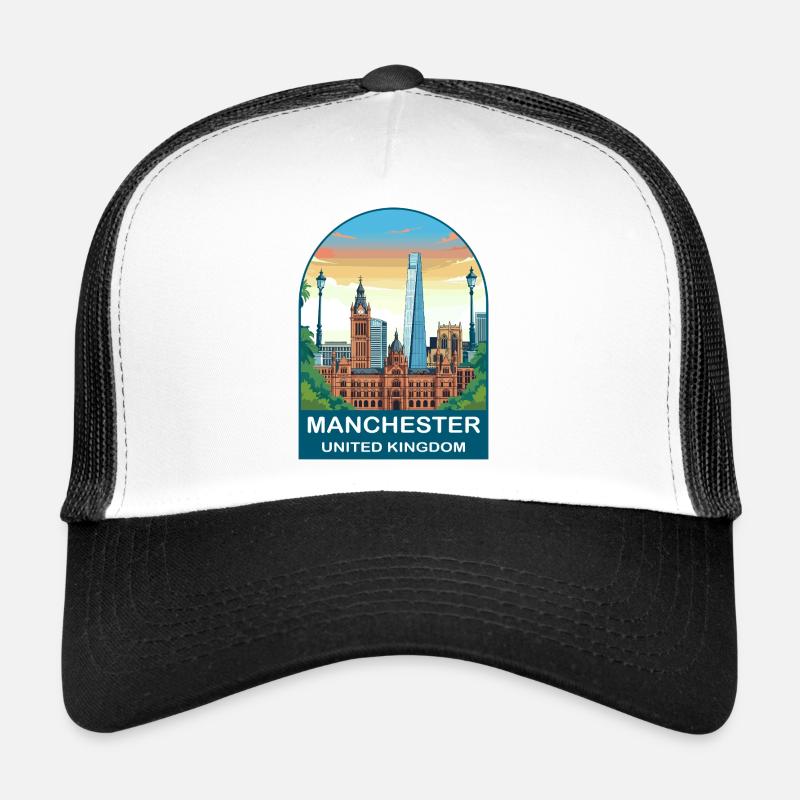 Art d’affiche de voyage Manchester Skyline UK Casquette trucker 
