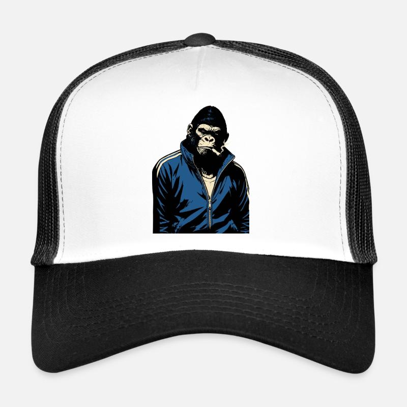 Gorilla im blauen Trainingsanzug raucht eine Zigarre Trucker Cap