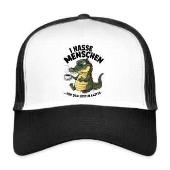 Erst Kaffee grantiges Krokodil mit Kaffeetasse - Trucker Cap - Weiß/Schwarz - Vorne