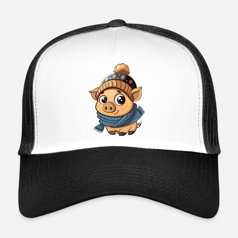 Mignon cochon avec écharpe et chapeau à pompon. Casquette trucker 