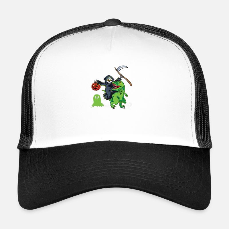 Grim Reaper Rides T Rex Halloween Reaper Gift - Trucker Cap - white/black